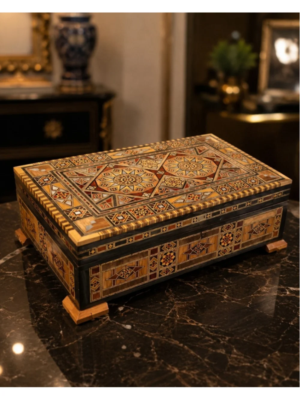 Luxury Handmade Mosaic Jewelry Box Double Layer Mother of Pearl Inlay 30x20cm